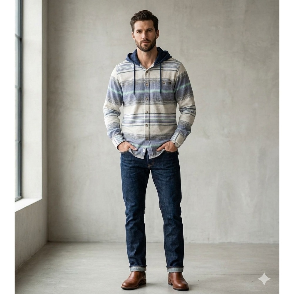 Billabong Hooded Shirt Mens Medium Blue Striped Long Sleeve Button Up Surfwear